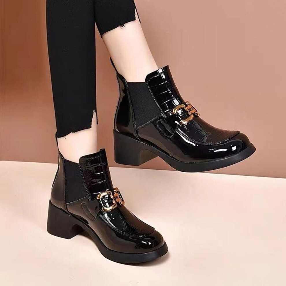 (black, 37) Chelsea Ankle Boots High Heeled Botas Round Toe Patent Leather Shoes