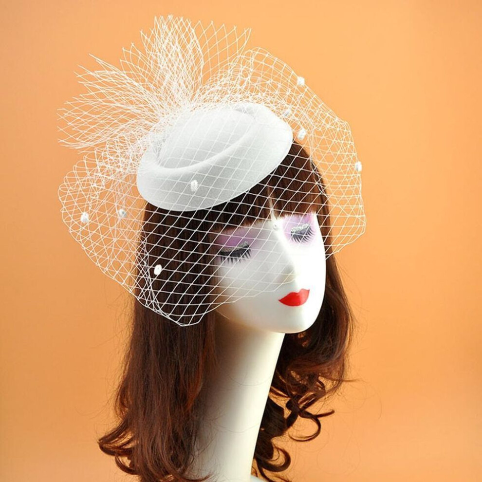 (white) Fascinators Hats 20s 50s Solid Color Pillbox Hat Cocktail Tea Party Headwear Cap With Birdcage Veil For Girls And Women