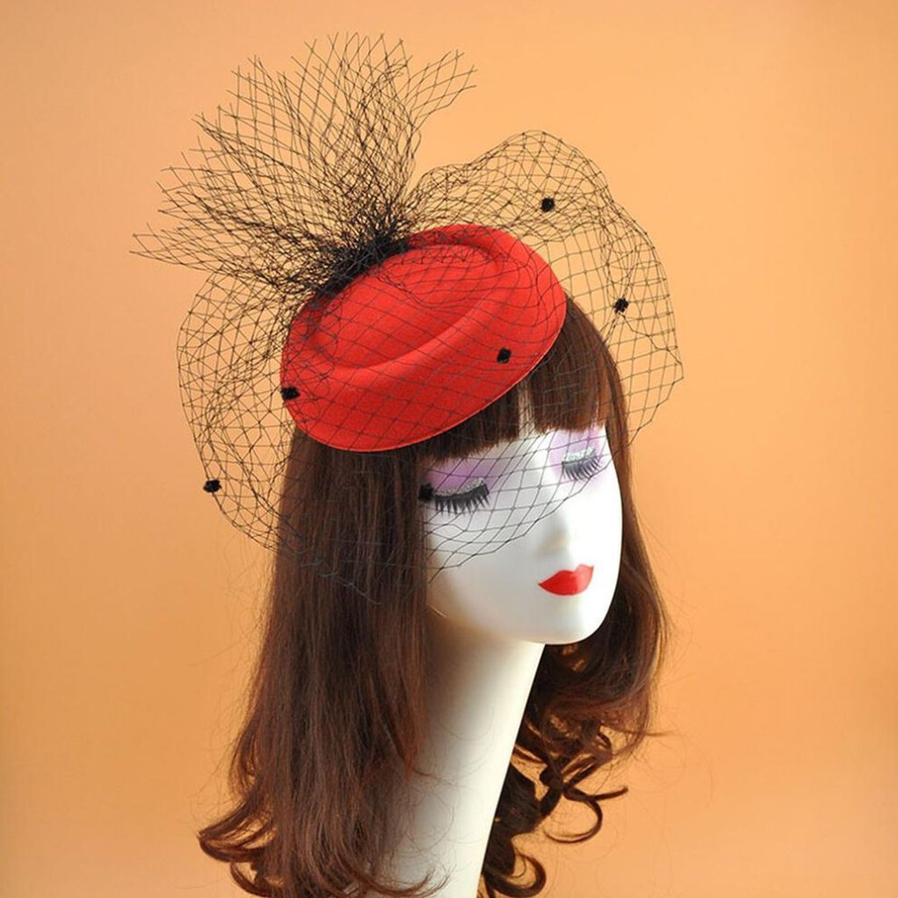 (red) Fascinators Hats 20s 50s Solid Color Pillbox Hat Cocktail Tea Party Headwear Cap With Birdcage Veil For Girls And Women
