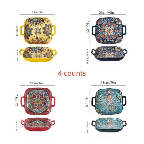 (Multicolor, Blue*2 + Red*2) Bohemian Ceramic Plate, Square Plate with Handle, Salad Plate for Home Kitchen Dining Room,Dinnerware Sets, Modern Ceramic Dinnerware 1