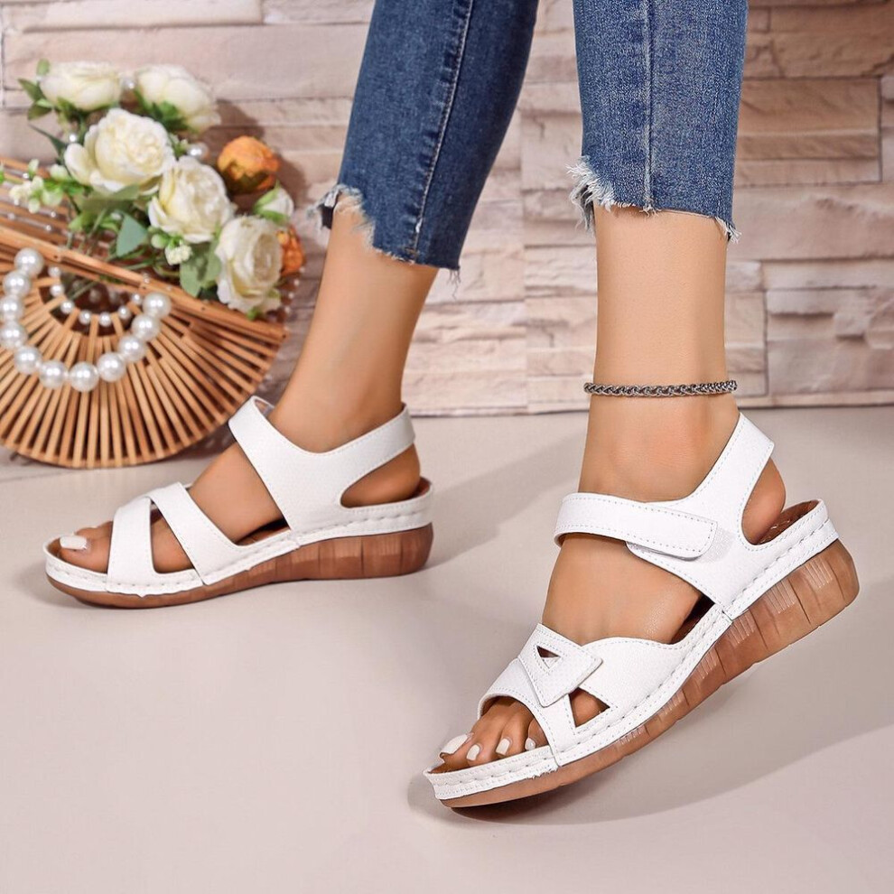 (white, 39) 2025 Plus Casual Fish Mouth Print Roman Style Sandals With Velcro Wedge Heel And Thick Soled Sandals For Outerwear