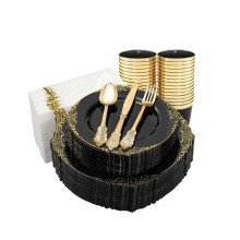 (Jet black and Light Gold) AEX 175 Piece Rim Design Dinnerware Set for 25 Guests |25 Dinner Plates |25 Salad Plates|25 Knives|25 Forks |25 Spoons |25 Cups |25 Tissue