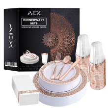 (Rose Gold) AEX 175 Piece Rim Design Dinnerware Set for 25 Guests |25 Dinner Plates |25 Salad Plates|25 Knives|25 Forks |25 Spoons |25 Cups |25 Tissue