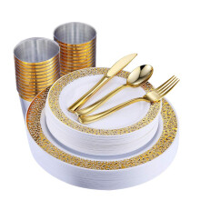 (Gold) AEX 175 Piece Rim Design Dinnerware Set for 25 Guests |25 Dinner Plates |25 Salad Plates|25 Knives|25 Forks |25 Spoons |25 Cups |25 Tissue