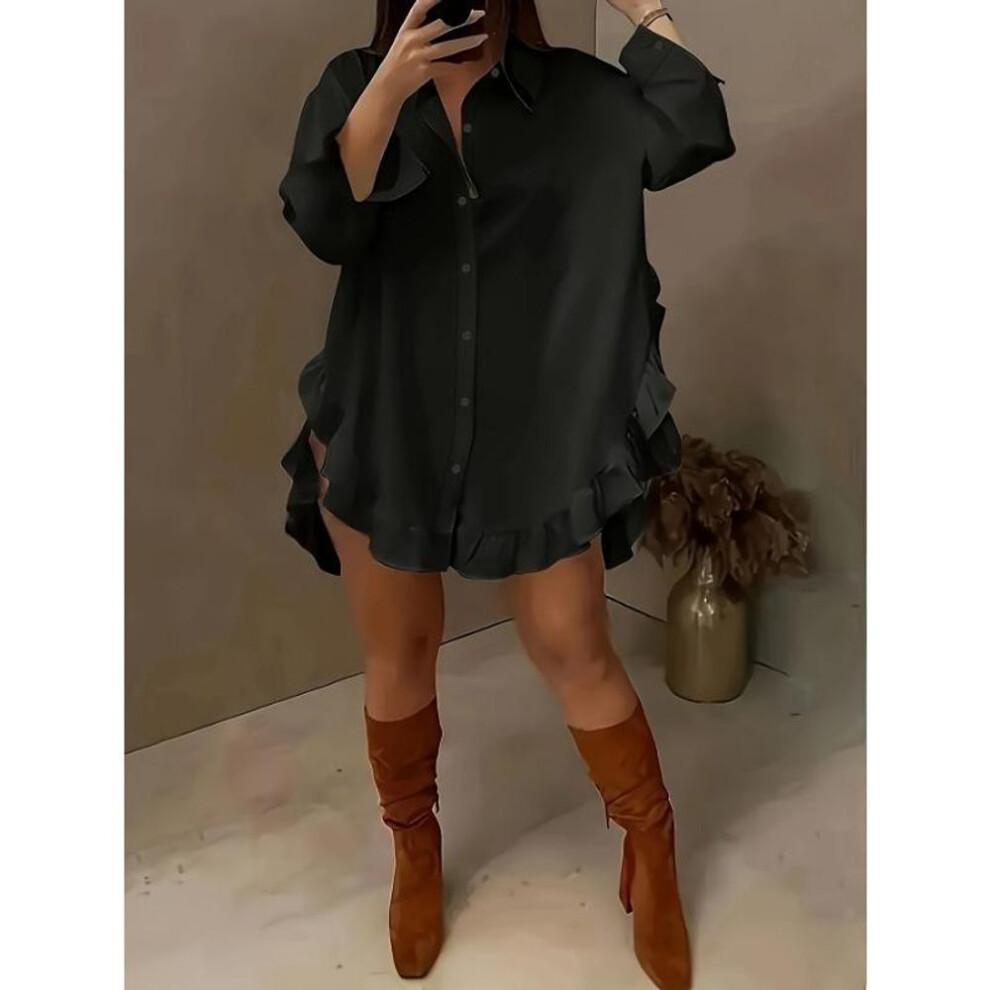 (S, black) Yyfs Women's Fashion Casual Spring Fall Solid Color Print Long Sleeve Polo Neck Blouses & Shirts