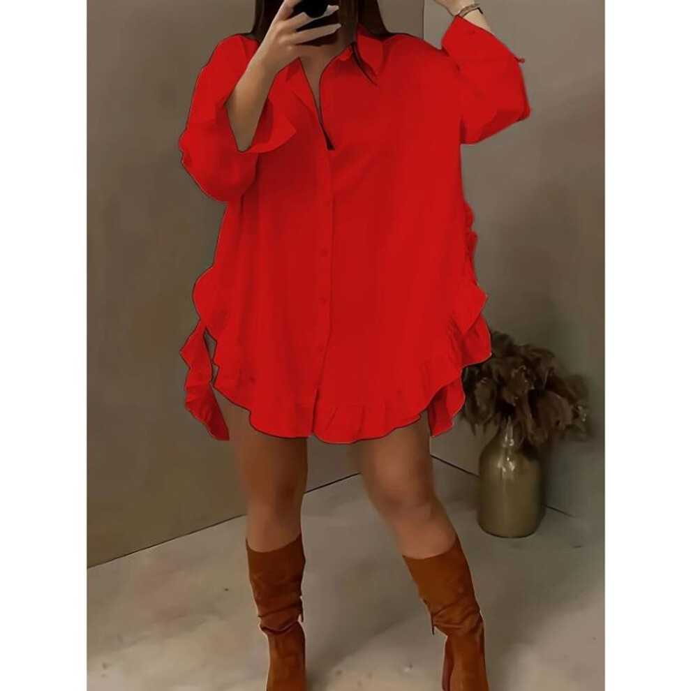 (XXL, red) Yyfs Women's Fashion Casual Spring Fall Solid Color Print Long Sleeve Polo Neck Blouses & Shirts
