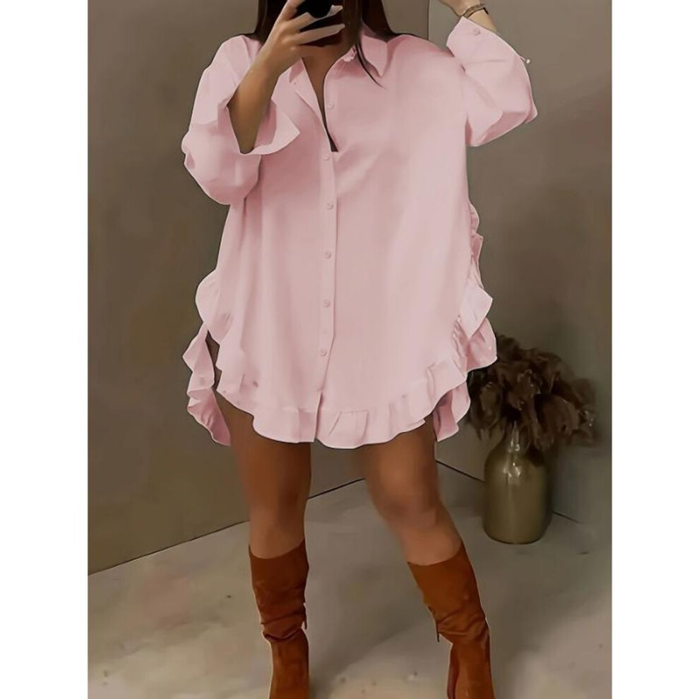 (M, pink) Yyfs Women's Fashion Casual Spring Fall Solid Color Print Long Sleeve Polo Neck Blouses & Shirts