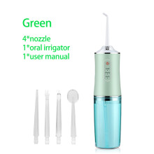 Irrigador bucal portátil (verde, 4 cabezales), recargable por USB, 220 ml, 3 modos, tanque de agua dental.