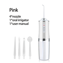 Irrigador bucal portátil blanco de 4 cabezales, recargable por USB, para limpieza dental y blanqueamiento.