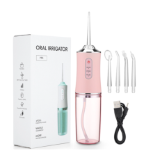 (Rosa - con caja) Nuevo irrigador bucal USB recargable, irrigador bucal portátil con 6 puntas, 240 ml