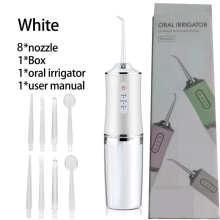 Irrigador bucal portátil (blanco, 8 cabezales, con caja) para limpieza dental y blanqueamiento USB.