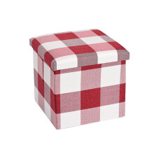 (Red Check) Faux Leather Folding Storage Box Ottoman Seat Stool Storage Boxes Home Footstool Organiser Pack With Lid Bedroom Garments Storage