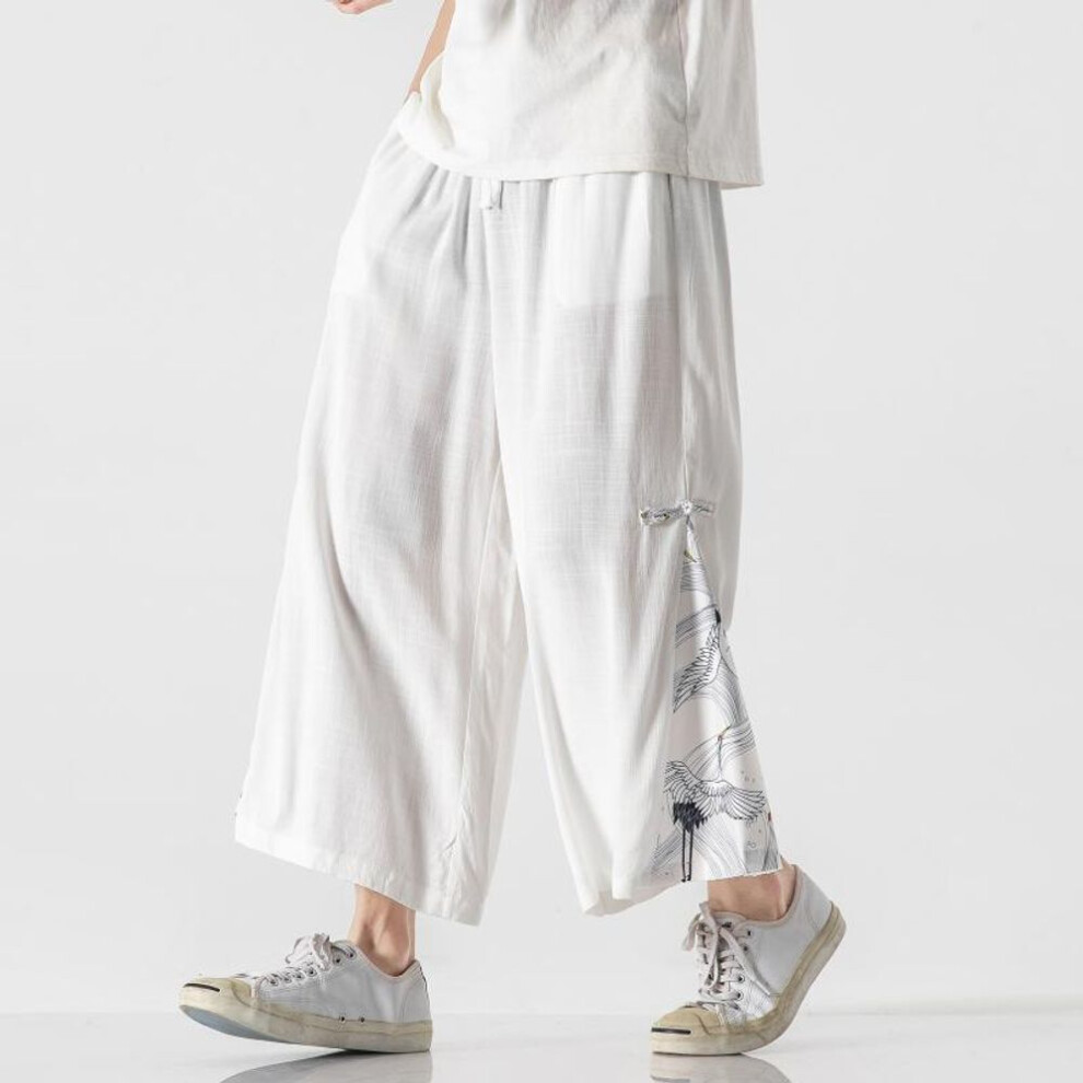 (white, XXL) 2025 Men Print Linen Wide Leg Pants Harajuku Streetwear Harem Pants Male Chinese Style Han Fu Trousers Retro Ankle-length Pants