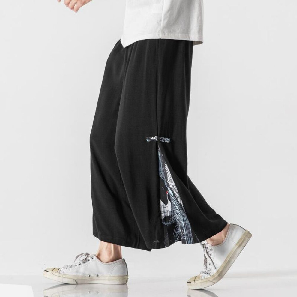 (black, 5XL) 2025 Men Print Linen Wide Leg Pants Harajuku Streetwear Harem Pants Male Chinese Style Han Fu Trousers Retro Ankle-length Pants