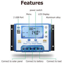 10A Solarladeregler, 12V/24V Solarladeregler mit LCD-Display und zwei USB-Anschlüssen für Solarpanel