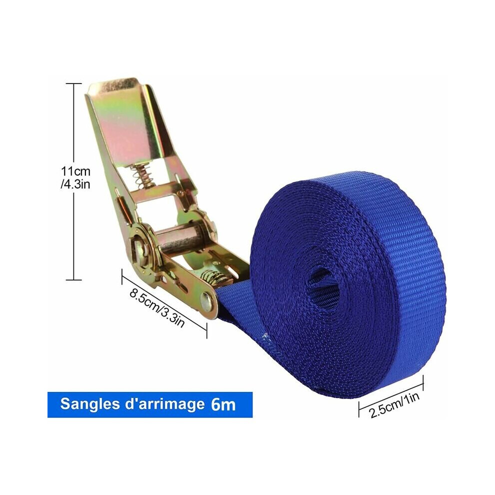 Lot de 4 sangles à cliquet, 6 m x 25 mm, pour moto, voiture, vélo, remorque, capacité de 800 kg, arrimage