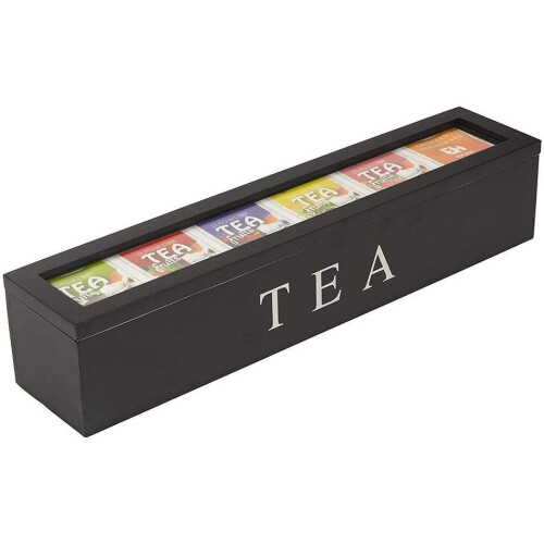 Box für Tee und Teebeutel, schwarze Holzteebox mit 6 Stück