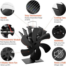 Kamin- und Ofenzubehör, Ofenventilator mit Thermometeraufkleber, Kaminventilator, schwarzer Samt, mit 6 Flügeln,