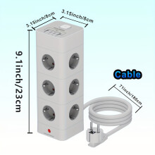 1 Stück 12-fach Steckdosenleiste mit 4 USB, Typ-C, Schalter, europäischem Stecker, 180 cm Kabel, 3 Lagen 12 Steckdosen