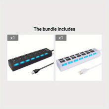 7-Port USB 2.0 Adapter mit LED und Schaltern für Computer., Schwarz + Weiß