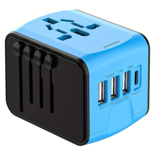 Reiseadapter mit mehreren USB- und Typ-C-Anschlüssen, Blau