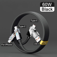 60 W 4-in-1-Schnellladekabel für Telefone und Tablets., Schwarz