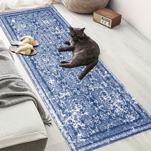 1 pc., Imitation Cashmere Waterproof Corridor Carpet. Retro Fluffy Soft Rug for Porch Kitchen., Blue