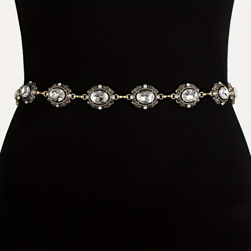 Cinto Boho com Corrente de Cristal para Mulheres Vintage Oval, Dourado