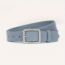 Ceinture en cuir véritable avec boucle carrée argentée., Bleu clair