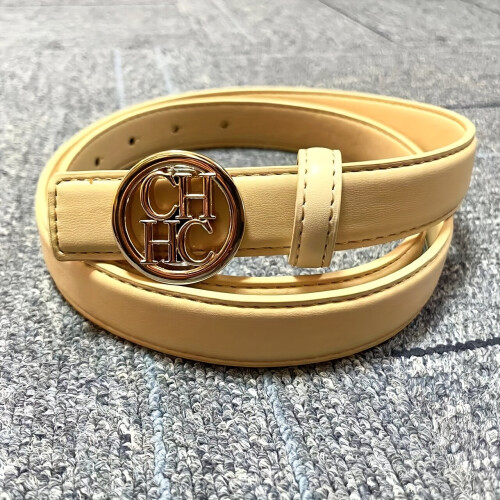 Cintos clássicos de couro feminino com fivela CH dourada., Damasco