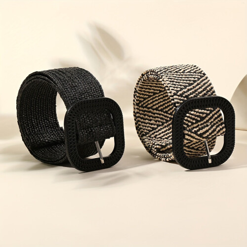 2 pcs. Round Buckle Braided Boho Women's Belt, Black Pattern and Black and Black Pattern