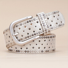 Ceinture en cuir à encoche ronde avec boucle., Argent Blanc