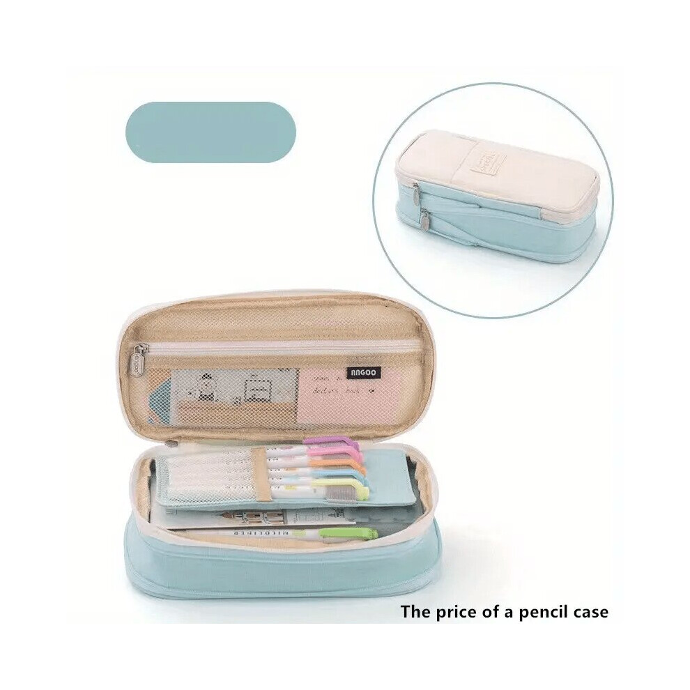 Trousse à crayons double couche pour femme, vert clair/beige