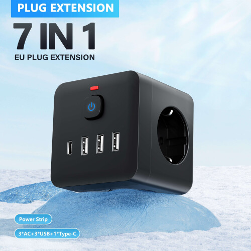 7-in-1-Steckeradapter Schwarz-Weiß mit USB, Schwarz