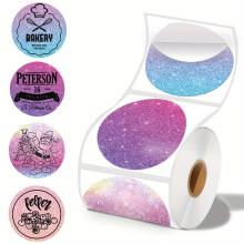 1 rollo de etiquetas adhesivas térmicas redondas con estrellas rosas y moradas.