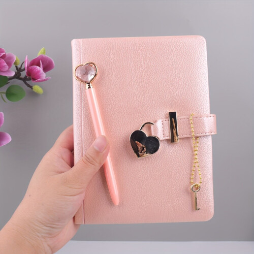 Personalized pink leather notebook with heart lock and diamond pen