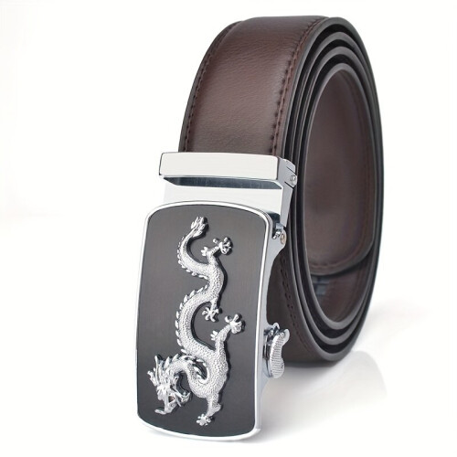 Men's Genuine Leather Belt, Dragon Pattern., Silver Dragon Brown Belt