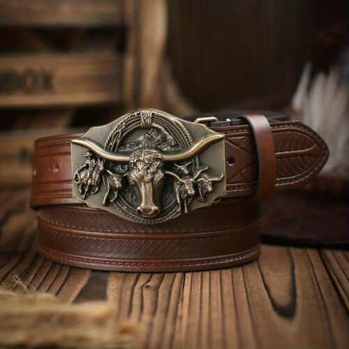 Cinto masculino estilo western com fivela de touro, marrom escuro