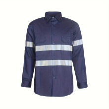 Camisa masculina de manga comprida refletiva de algodão, azul marinho