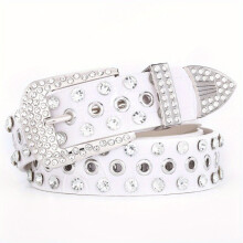 Ceinture unisexe en cuir PU avec diamants creux brillants, blanche