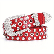 Ceinture unisexe en cuir PU avec diamants creux brillants, rouge