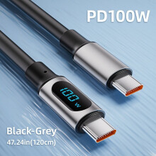 100W USB-C auf USB-C Ladekabel mit Display, Schwarz-Grau