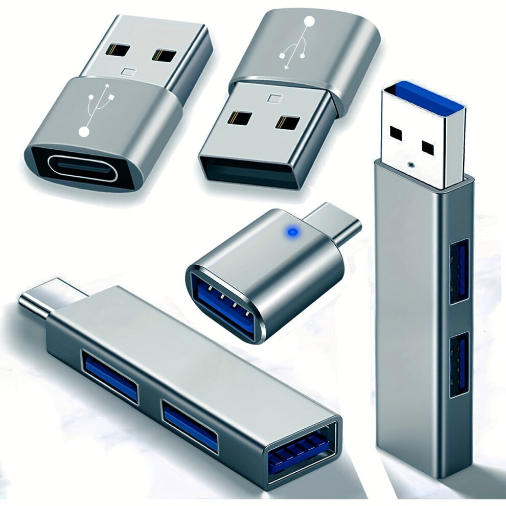 Adaptateur USB et répartiteur de concentrateur USB OTG pour charge rapide, 5 pièces, gris