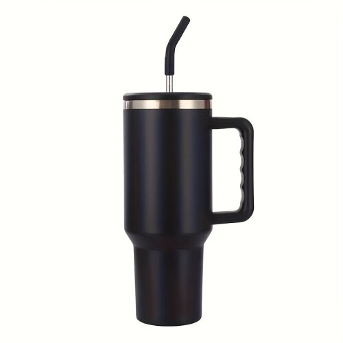 1200 ml Vakuumbecher mit Strohhalm und Griff, Schwarz