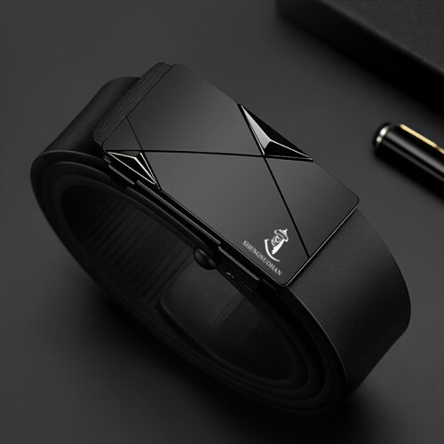 Cinto masculino de couro legítimo com fivela automática., Preto