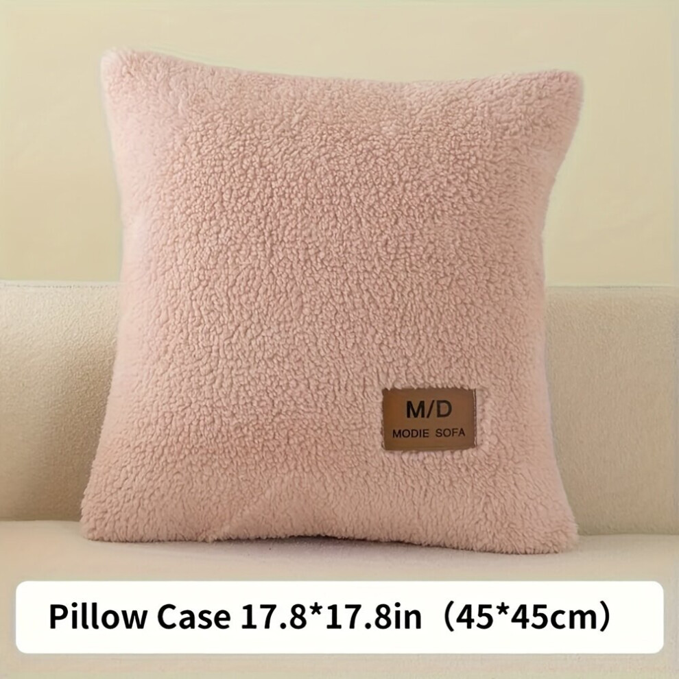 Coussin de canapé antidérapant en peau de mouton avec étiquette en cuir, rose clair