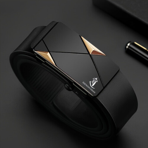 Cinto masculino em couro legítimo com fivela automática., Dourado