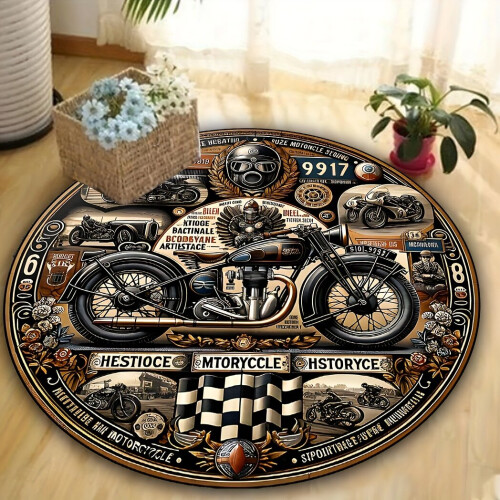 Tapete redondo com padrão de motocicleta retrô, antiderrapante, 80 cm / 31 polegadas