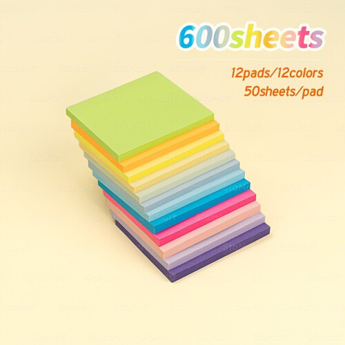 1200 Sheets Sticky Notes Set, 12 Colors, 600 Sheets / 12 Colors