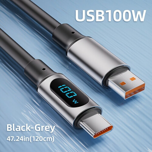 100-W-Schnellladekabel USB-C mit Display, Schwarz-Grau